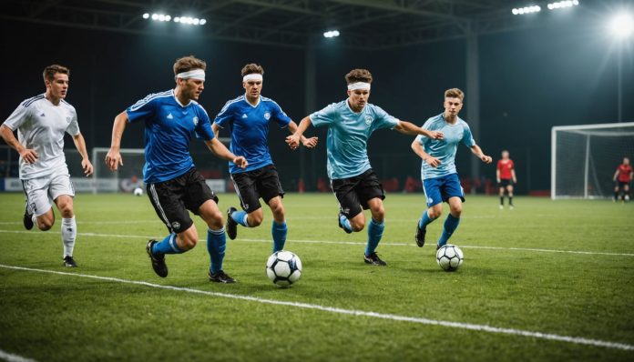 Joueurs de cécifoot en plein match avec bandeaux et ballon sonore