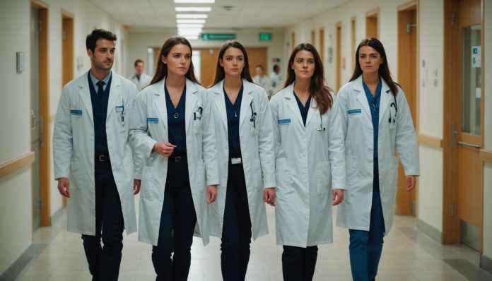 Couloir d'hôpital avec de jeunes internes en médecine en blouse blanche