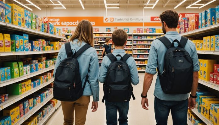 Rayon de fournitures scolaires en supermarché pour la rentrée