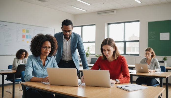 Adultes en formation professionnelle consultant un certificat et un ordinateur portable