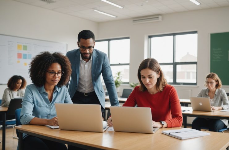 Adultes en formation professionnelle consultant un certificat et un ordinateur portable