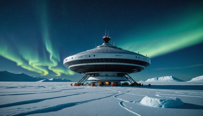 Station scientifique en forme de soucoupe dérivant sur la banquise arctique de nuit avec aurore boréale