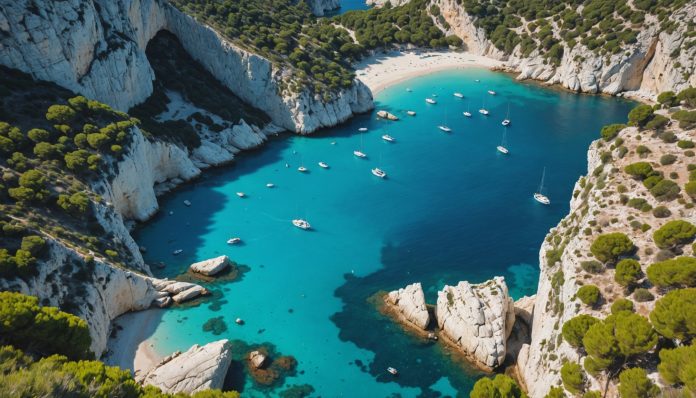 Calanque méditerranéenne à l'eau turquoise avec quelques visiteurs sur le rivage
