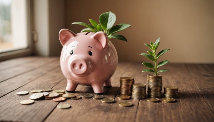 Illustration de l'épargne et des finances des ménages français, tirelire et pièces