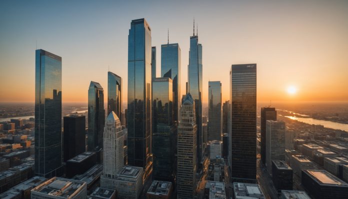 Immeubles de bureaux modernes en verre dans un quartier d'affaires, illustration entreprises et fiscalité
