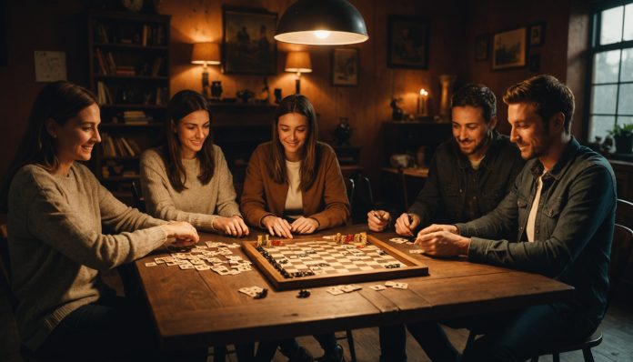 Salle d'escape game conviviale avec jeux de société, ambiance loisirs indoor