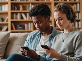 Personne écoutant un livre audio sur smartphone avec écouteurs sans fil