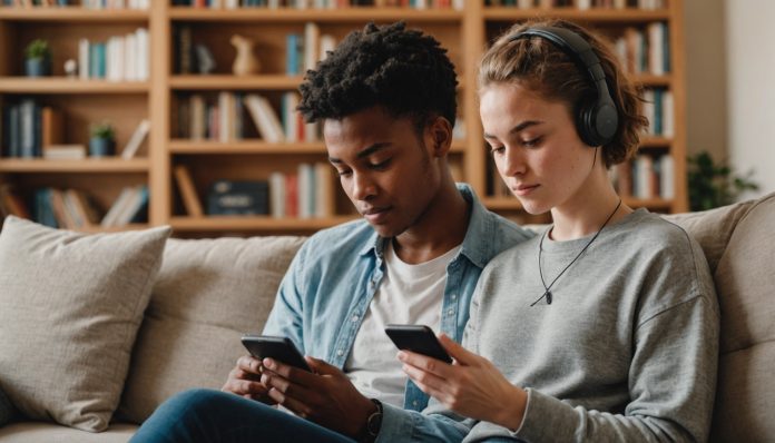 Personne écoutant un livre audio sur smartphone avec écouteurs sans fil