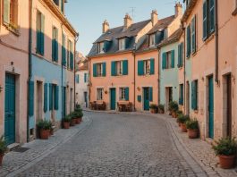 Village côtier français pastel au coucher du soleil, illustrant la qualité de vie