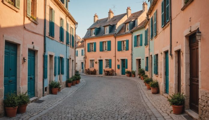 Village côtier français pastel au coucher du soleil, illustrant la qualité de vie