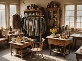 Marché aux puces avec meubles vintage et vêtements de seconde main