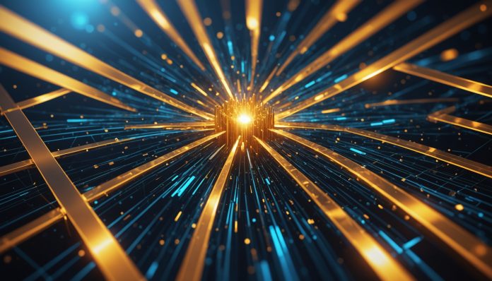 Illustration abstraite d'un cristal photonique temporel modulant la lumière par impulsions laser térahertz
