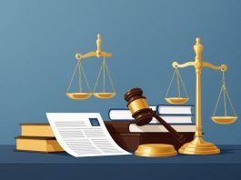 Illustration palais de justice, balance et documents numériques