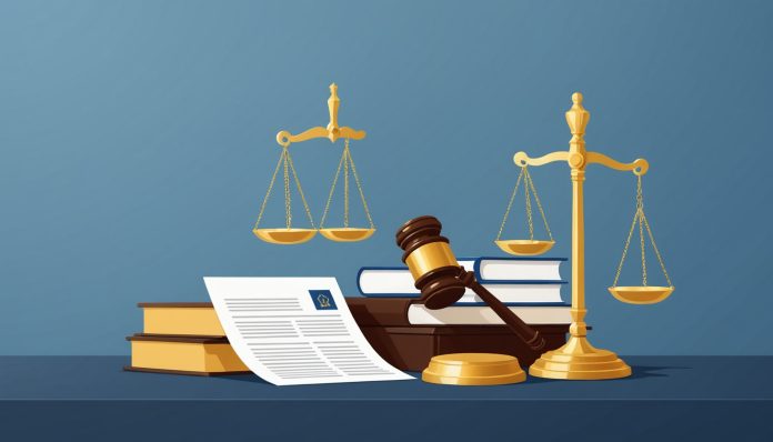 Illustration palais de justice, balance et documents numériques