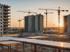 Mises en chantier de logements : la reprise surprend malgré la chute des permis de construire Chantier de construction de logements neufs avec grues au coucher du soleil