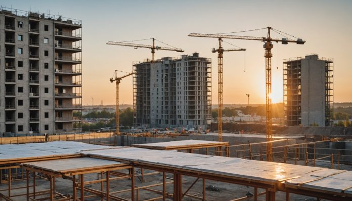 Chantier de construction de logements neufs avec grues au coucher du soleil