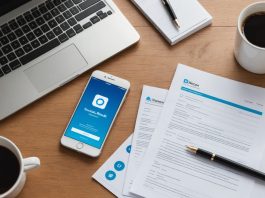 Contrat professionnel posé sur un bureau à côté d'un smartphone affichant une application de réseau social