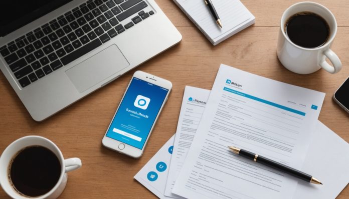Contrat professionnel posé sur un bureau à côté d'un smartphone affichant une application de réseau social