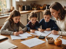 Famille française organisant son budget de rentrée autour de la table de cuisine