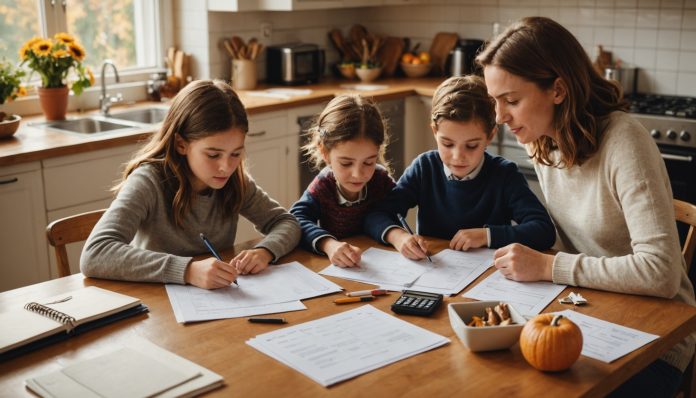 Famille française organisant son budget de rentrée autour de la table de cuisine