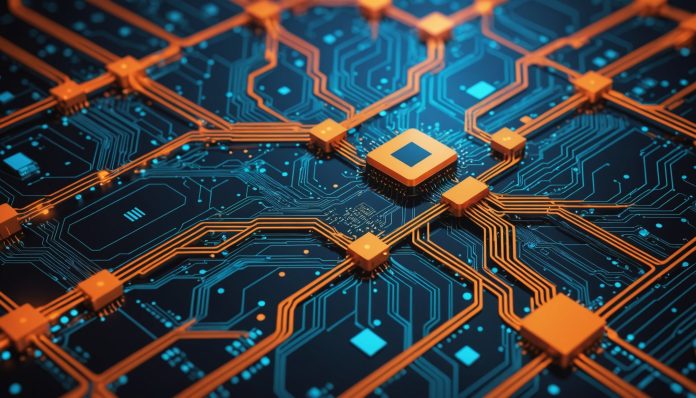 Illustration abstraite de puces et de réseaux de neurones symbolisant l'intelligence artificielle