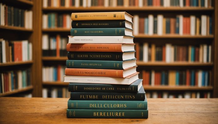 Piles de livres sur une table en bois, ambiance littéraire automnale évoquant la saison des prix littéraires 2026