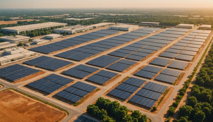 Zone d'activité économique française sous une chaleur intense, illustrant l'adaptation climatique des entreprises
