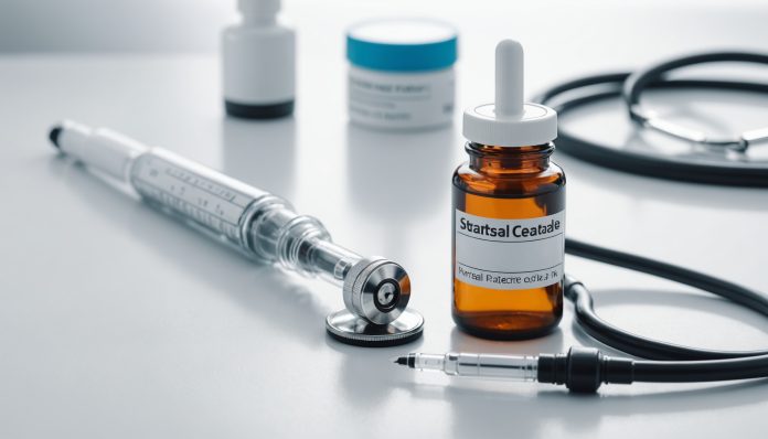 Seringue et flacon de vaccin posés près d'un stéthoscope sur une table clinique