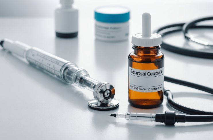 Seringue et flacon de vaccin posés près d'un stéthoscope sur une table clinique