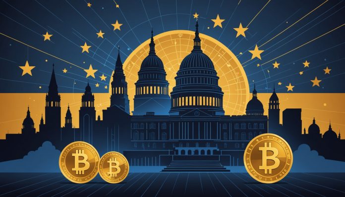 Illustration symbolisant la réglementation mondiale des cryptomonnaies aux États-Unis, en Europe et en Russie