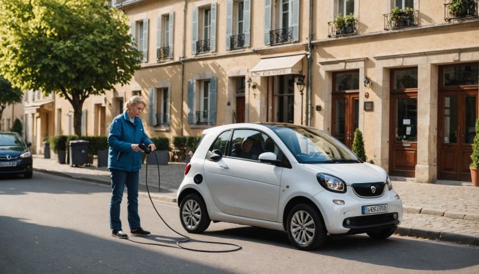 Aide à domicile branchant une voiture électrique en France