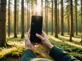 Personne se déconnectant de son smartphone en marchant vers une clairière ensoleillée