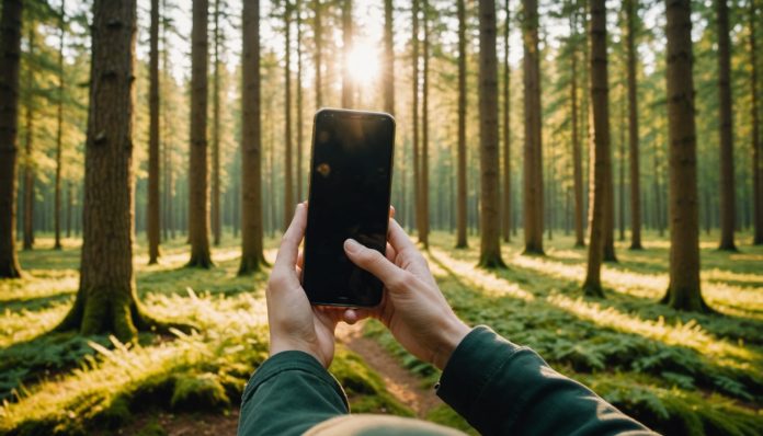 Personne se déconnectant de son smartphone en marchant vers une clairière ensoleillée