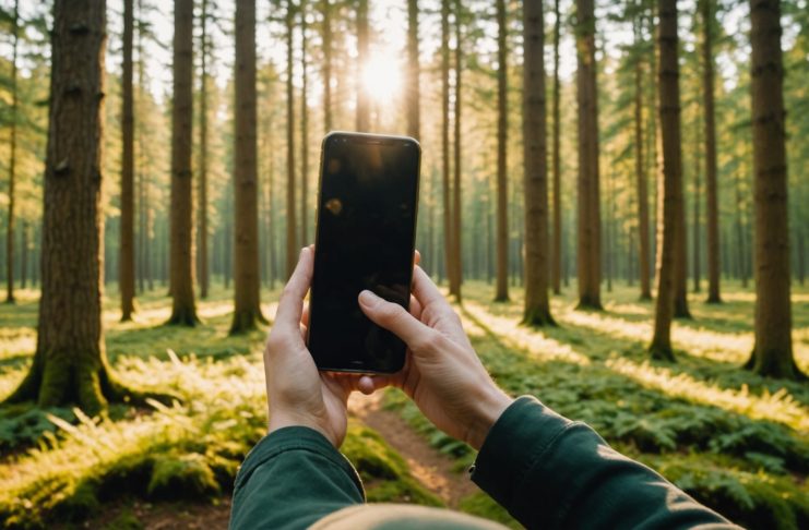 Personne se déconnectant de son smartphone en marchant vers une clairière ensoleillée