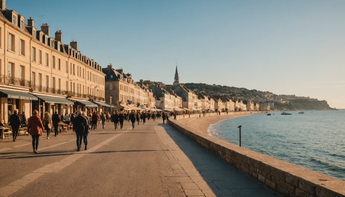 Promenade côtière française en lumière dorée d'arrière-saison