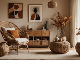 Rotin, céramique artisanale, formes organiques : le trio qui redessine nos salons cet automne Intérieur chaleureux avec fauteuil en rotin, vases en céramique artisanale et formes arrondies