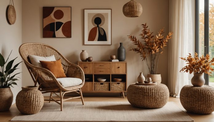 Intérieur chaleureux avec fauteuil en rotin, vases en céramique artisanale et formes arrondies