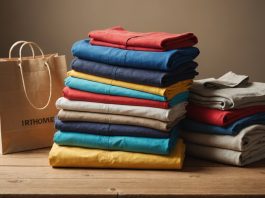 Vêtements pliés et sacs de shopping avec étiquettes de prix, symbole de la consommation textile