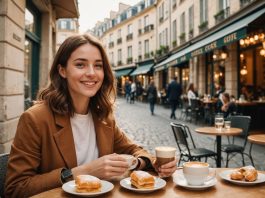 Jeune femme profitant d'un café en terrasse, budget plaisir des Français