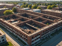 Recyclage foncier : comment la France transforme ses friches en logements Ancien site industriel transformé en quartier résidentiel, illustration du recyclage foncier