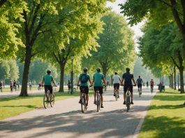 Septembre Bouge : comment lutter contre la sédentarité au quotidien Groupe de personnes marchant et faisant du vélo dans un parc urbain pour lutter contre la sédentarité