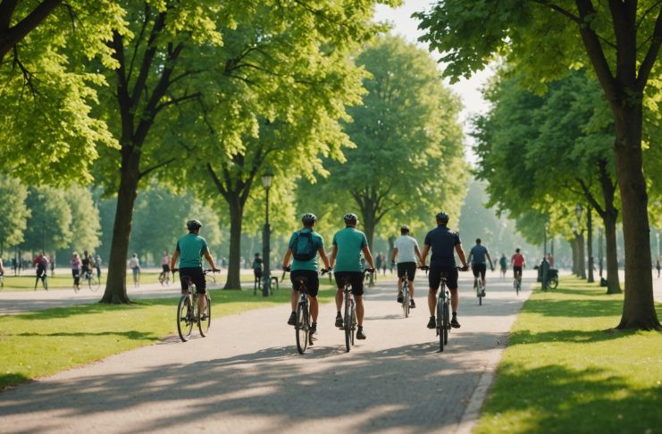 Groupe de personnes marchant et faisant du vélo dans un parc urbain pour lutter contre la sédentarité