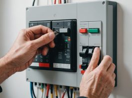 Électricien intervenant sur un tableau électrique dans un appartement ancien à Paris