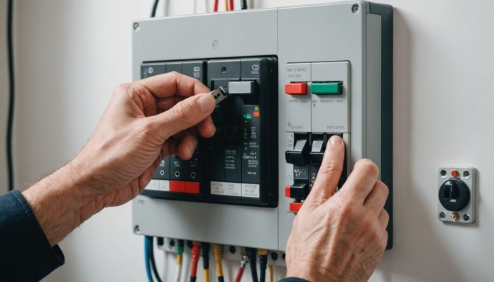 Électricien intervenant sur un tableau électrique dans un appartement ancien à Paris