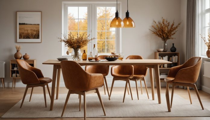 Salon moderne avec mobilier en bois naturel et décoration chaleureuse illustrant le marché du meuble