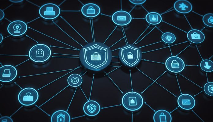 Cybersécurité et objets connectés en Europe Illustration de cybersécurité et réseau d'objets connectés en Europe
