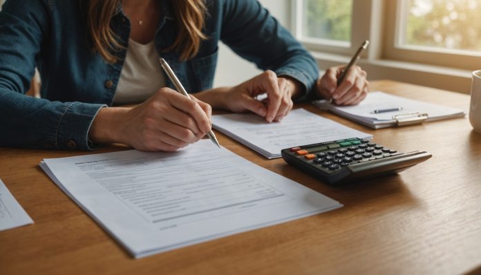Personne consultant des documents de crédit et une calculatrice à table