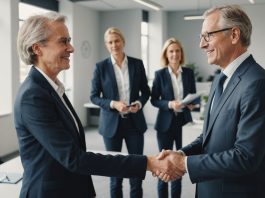 Salarié senior et collègue échangeant dans un bureau moderne, illustration index seniors entreprise