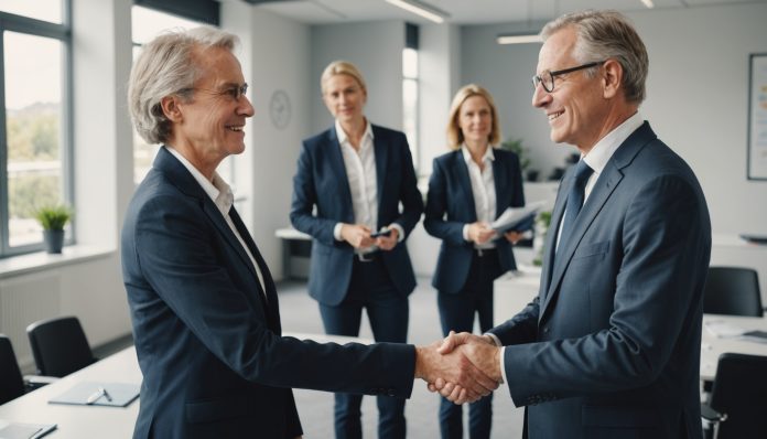 Salarié senior et collègue échangeant dans un bureau moderne, illustration index seniors entreprise