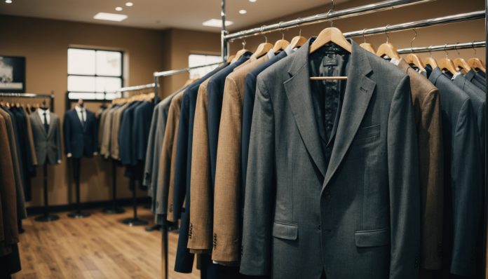 Costume homme pas cher présenté sur cintre en boutique